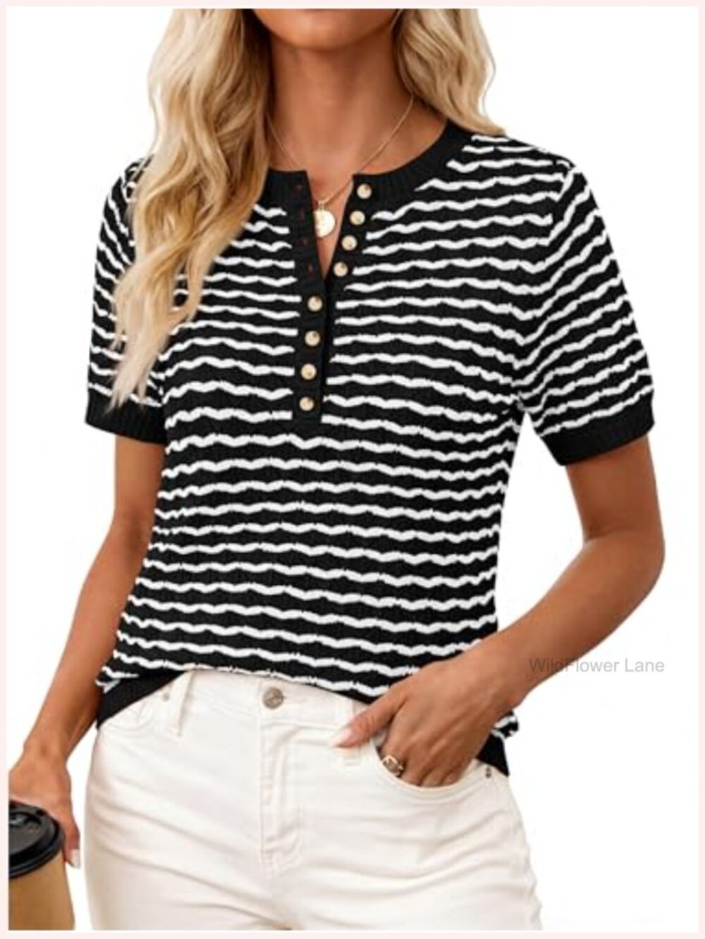 Knit Summer Top Button Henley Sweater Short Sleeve Crewneck
